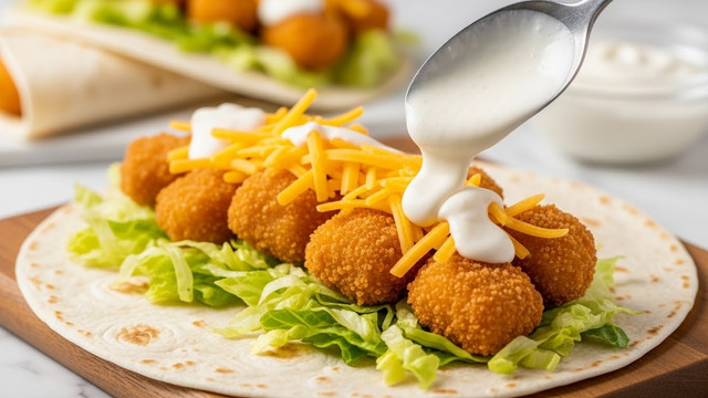 Two crispy chicken wraps are shown cut in half to reveal their inside layers. The outer layer is a soft, light brown toasted tortilla with some darker spots. Inside the tortilla, there is a thick layer of shredded light green lettuce covering the base. On top of the lettuce, there are pieces of golden brown crispy fried chicken with a crunchy texture, and thin strands of bright orange cheddar cheese are scattered over everything. Small dollops of white creamy sauce are spread inside the wrap, adding contrast. The wraps sit on a white marbled surface. photo taken with an iphone --ar 4:5 --v 7