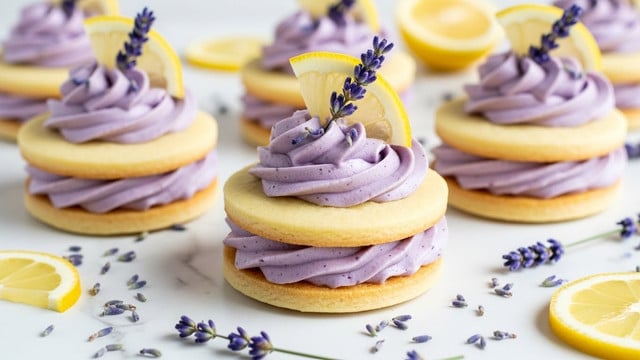 The image shows a close-up of round layered cookies with two pale yellow cookie layers sandwiched with a smooth, light purple cream filling in the middle. On top of each cookie stack is a swirl of the same purple cream, garnished with a thin lemon slice and small sprigs of purple lavender flowers. The cookies are placed on a white marbled surface, scattered with some loose lavender buds and lemon slices, creating a soft and elegant look. photo taken with an iphone --ar 4:5 --v 7
