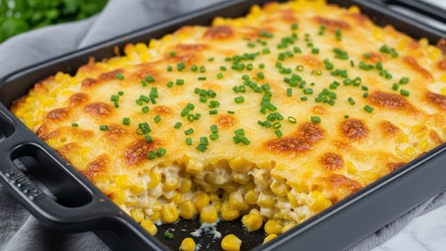 A close-up view of a baked corn casserole in a rectangular dark baking dish with handles. The dish has a golden-brown top layer of melted cheese that is bubbly and slightly crispy at the edges. Underneath the cheese, whole yellow corn kernels are visible in a creamy layer, giving a mix of yellow and white colors. The casserole is garnished with evenly sprinkled small green chopped chives on top. The baking dish is placed on a soft gray cloth with a green herb blurred in the background and a white marbled surface under everything. photo taken with an iphone --ar 4:5 --v 7