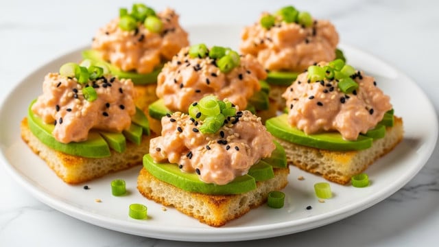 The image shows four square pieces of sushi stacked in three layers on a white plate over a white marbled surface. The bottom layer is golden-brown crispy rice, cooked to a crunchy texture. The middle layer has bright green chunks of fresh avocado arranged neatly. The top layer consists of small cubes of orange-colored spicy salmon mixed with creamy sauce, sprinkled with black sesame seeds and thinly sliced green onions. A woman's hand is using wooden chopsticks to pick up one piece of the sushi. The lighting highlights the texture and colors vividly, making the dish look fresh and appetizing. photo taken with an iphone --ar 4:5 --v 7