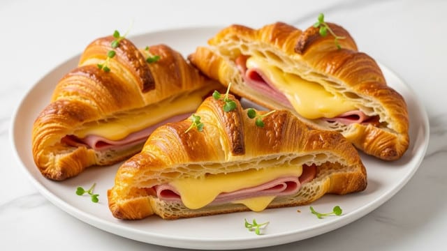 The image shows three golden-brown croissants with shiny, crispy layered crusts that have a slightly glossy finish, sitting on a white plate. Each croissant has visible layers of flaky pastry with a rich, toasted color ranging from light golden to a deeper brown. One croissant in the front is cut open, showing a creamy white melted cheese layer topped with shredded pink ham inside. Small green herb leaves are sprinkled on top of the croissants and scattered around the plate, adding a fresh touch. The background has a white marbled texture. Photo taken with an iphone --ar 4:5 --v 7