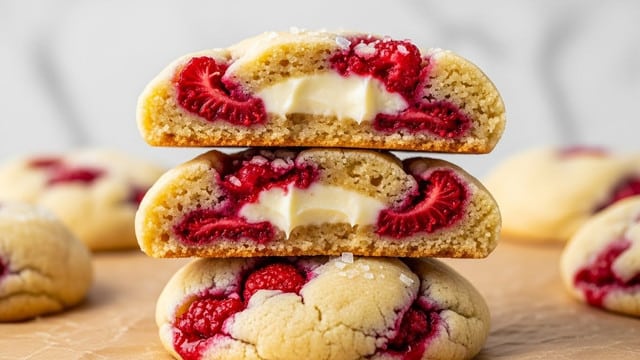 The image shows a close-up of three stacked cookies on brown parchment, with the top cookie broken in half to reveal the inside. Each cookie has a light golden-brown, soft, slightly crumbly texture outside with bright red berry pieces scattered inside, including a creamy white filling layer that looks smooth and rich in the center. The red berry fillings create a contrast against the pale dough, and the cookies have a slightly rough surface with some salt flakes on top. The background is blurred and replaced with a white marbled texture for the final prompt. Photo taken with an iphone --ar 4:5 --v 7
