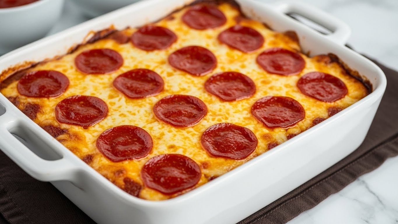 A close-up view of a baked pepperoni dish in a white ceramic rectangular casserole dish with handles, showing one thick layer of melted, slightly golden cheese topped with evenly placed dark red, glistening pepperoni slices. The edges have a caramelized, crispy brown texture, and the cheese beneath the pepperoni looks bubbly and creamy. The casserole rests on a dark brown cloth on a white marbled surface with blurred white bowls containing red sauce in the background. Photo taken with an iphone --ar 4:5 --v 7