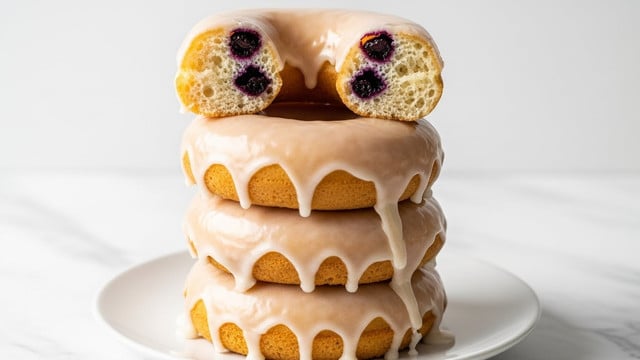 A stack of four glazed blueberry donuts sits on a white plate with a white marbled texture underneath. The bottom three donuts are fully glazed with a shiny, light beige icing that drips down their edges. The top donut is split in half, showing fluffy beige dough inside with visible dark purple blueberries embedded in the dough near the edges. The glaze on the donuts is smooth and glossy, with some drips catching the light. The donuts have a soft, slightly crumbly texture and a light golden-brown color visible under the glaze. photo taken with an iphone --ar 4:5 --v 7