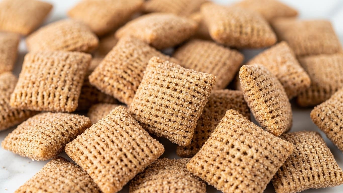 A close-up view of small square cereal pieces covered in a fine layer of cinnamon sugar, showing their rough and grainy texture with visible tiny sugar crystals and spices. The cereal pieces are light brown with darker specks and piled together, filling the frame with some pieces sharp in focus while others softly blurred around the edges. The background is a white marbled texture that contrasts gently with the warm tones of the cereal. Photo taken with an iphone --ar 4:5 --v 7