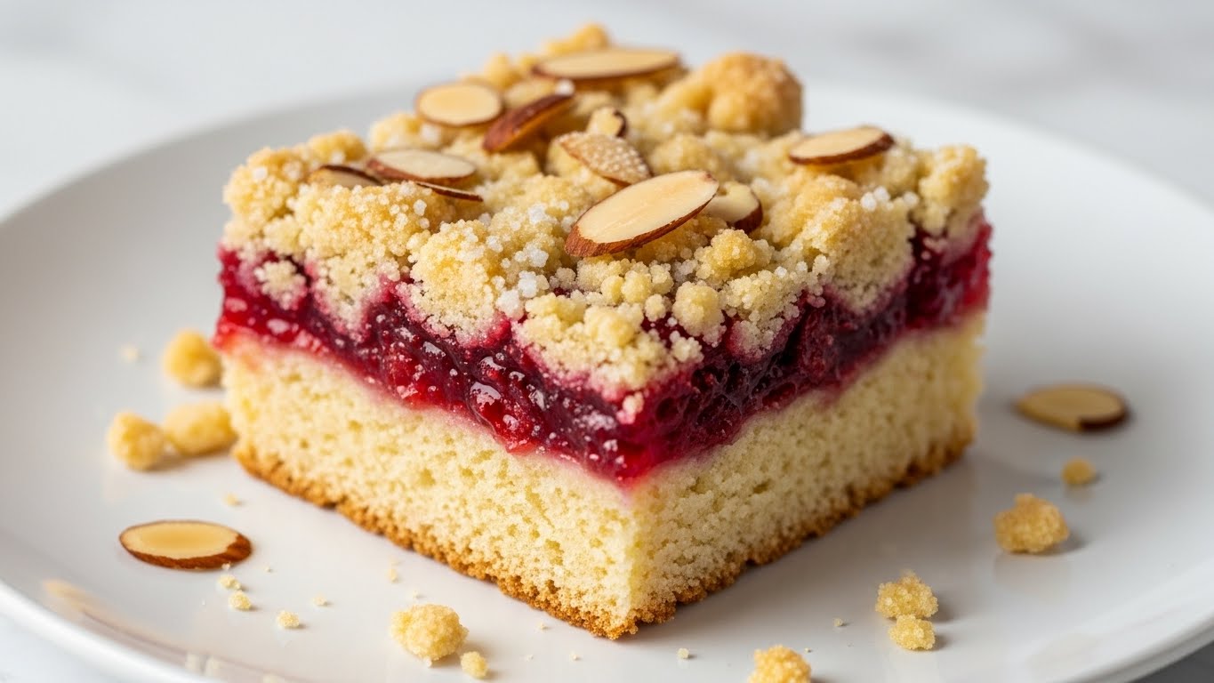 A close-up of a square slice of crumb cake with three visible layers on a white plate: the bottom layer is light brown and looks soft like cake, the middle layer is bright red with a jam-like texture full of small fruit pieces, and the top layer is crumbly with small white sugar crumbs and sliced almonds scattered on it. Some crumbs are spread around the slice on the white plate, which sits on a white marbled surface. Photo taken with an iphone --ar 4:5 --v 7