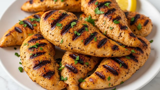 The image shows a white plate filled with several pieces of golden-brown grilled chicken tenders. Each tender has a crispy, slightly charred outer layer with visible black pepper and herbs seasoning. The chicken pieces are garnished with chopped green parsley sprinkled on top, adding fresh color contrast to the warm, cooked meat. The tenders are arranged in a casual pile, with light reflecting off their juicy, textured surface. There is a lemon wedge partially visible in the top right corner of the plate. The background features a clean white marbled texture. photo taken with an iphone --ar 4:5 --v 7
