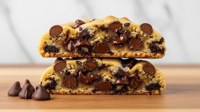 Two chunky chocolate chip cookies are stacked, the top one broken in half to show the inside. The cookies have a light golden brown dough with many melted and whole dark brown chocolate chips scattered through all layers. The edges are slightly browned and crisp, while the inside looks soft and moist. A few chocolate chips rest beside the cookies on the light brown wooden surface, which is placed against a white marbled texture background. Photo taken with an iphone --ar 4:5 --v 7