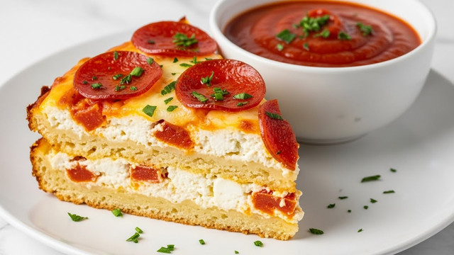 A slice of layered dish sits on a white plate with a white marbled texture surface beneath. The dish has three visible layers: the bottom layer is a light golden crust with a slightly crispy texture, the middle layer is soft and creamy white with small chunks that look like cheese or cottage cheese, and the top layer is browned and covered with several round, red pepperoni slices sprinkled with finely chopped green herbs. Next to the slice is a white bowl filled with thick red sauce, garnished with herbs. Small green herb bits are scattered on the plate around the slice. Photo taken with an iphone --ar 4:5 --v 7