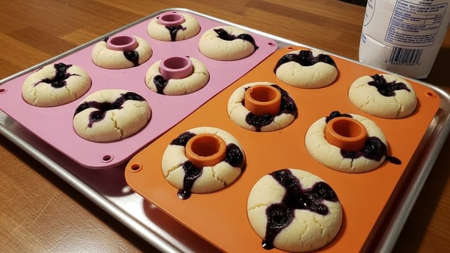 The image shows two silicone baking trays, one pink and one orange, filled with freshly baked blueberry doughnuts. Each tray has six doughnuts, light golden brown in color with visible dark purple blueberry spots scattered throughout the surface. The doughnuts have small cylinders in the middle that match the trays’ colors — pink for the pink tray and orange for the orange tray. Some doughnuts have slight cracks and uneven edges, with blueberry filling slightly oozing out. The trays sit inside a metal baking sheet placed on a brown wooden table. A white flour bag is partially visible on the right side of the image. photo taken with an iphone --ar 4:5 --v 7