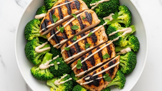 A white bowl filled with bright green steamed broccoli as the bottom layer, topped with several pieces of grilled chicken breast that have dark grill marks and a light charred texture, creating a contrast of golden and blackened spots on the chicken. A light cream sauce is drizzled in thin lines across the chicken pieces, and small green parsley leaves are scattered on top for garnish. The bowl is set against a white marbled surface. photo taken with an iphone --ar 4:5 --v 7