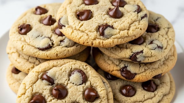 A close-up image of a stack of soft, golden brown chocolate chip cookies with a slightly crispy edge and gooey, melted chocolate chips spread evenly throughout each cookie. The cookies have a light texture with small cracks on the surface, showing they are freshly baked, placed on a white plate, against a white marbled background. Photo taken with an iphone --ar 4:5 --v 7