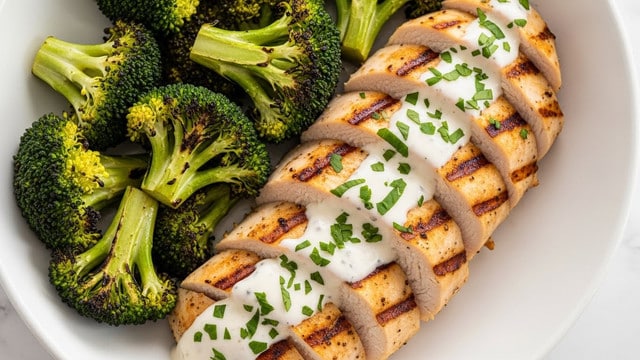 Grilled Chicken & Broccoli Bowls with Creamy Garlic Sauce Recipe