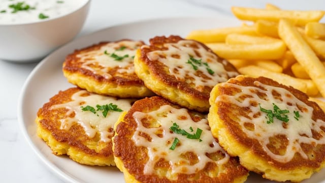 The image shows a white plate with three grilled chicken pieces stacked on top of each other in the center. Each chicken piece is golden brown with char marks and covered with a melted layer of light yellow cheese. Small green parsley sprigs are sprinkled on top of the cheese, adding a fresh touch. Behind the chicken, there is a small pile of thick, crispy golden fries. In the background, a white bowl with a blue rim holds a creamy white dipping sauce with small green herbs mixed in. The entire scene is set on a white marbled surface. photo taken with an iphone --ar 4:5 --v 7