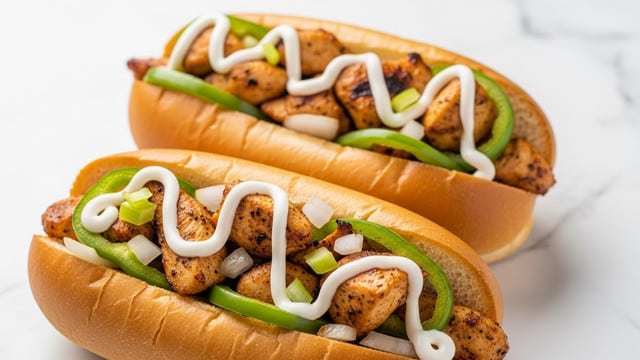 Two hot dog buns filled with cooked chicken pieces that are light brown with some darker grilled parts, topped with sliced green peppers and chopped onions, all drizzled with a white sauce in a zigzag pattern. The buns are soft and golden brown, holding the filling well. The background is a white marbled texture. Photo taken with an iphone --ar 4:5 --v 7