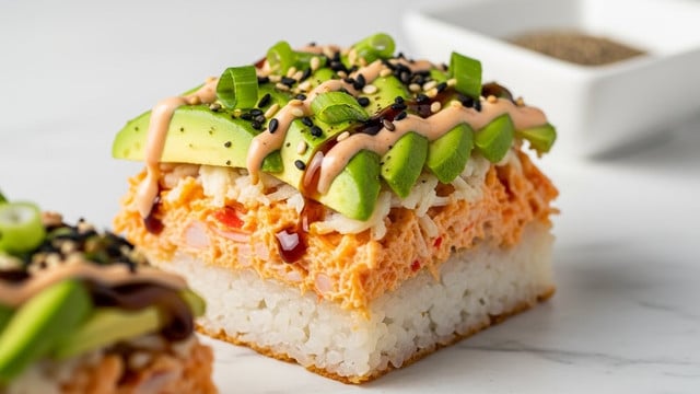 A square sushi pizza with two visible thick layers: a bottom white rice base and a top layer of melted orange cheese mixed with diced ingredients, cooked to a slightly crispy texture around the edges. On top of the cheese layer are bright green avocado slices arranged in small clusters, thinly chopped green onions sprinkled all over, and small bits of dark seaweed pieces. The pizza is drizzled with light beige creamy sauce and dark brown glaze in thin lines. The dish is placed on crumpled brown parchment paper over a white marbled surface, next to a small white bowl filled with sliced cucumbers and a piece of dark seaweed visible near the pizza. Photo taken with an iphone --ar 4:5 --v 7
