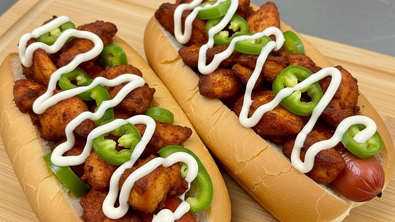 The image shows two hot dog buns, each filled with pieces of cooked chicken that have a reddish-brown color and look crispy. On top of the chicken, there are sliced green peppers spread evenly. The hot dogs are finished with a drizzle of white sauce zigzagging across the top. They are placed next to each other on a wooden board. The photo is taken with an iphone --ar 4:5 --v 7