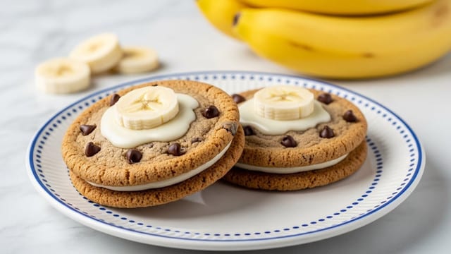 Two round cookies with a light brown color and small chocolate chips scattered through them are stacked on a white plate with blue patterns. Each cookie has a layer of white glaze in the center, topped with a single slice of banana. In the background, there are whole bananas and a few banana slices slightly out of focus, all set on a white marbled surface. Photo taken with an iphone --ar 4:5 --v 7