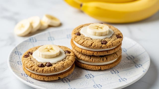 A stack of three round, golden-brown cookies with a rough texture is shown, each cookie separated by a layer of smooth, creamy white filling. On top of the stack is a fresh, thick banana slice with visible seeds and light brown sugar crystals scattered over it. There are crumbs around the cookies on a white marbled surface, and blurred bananas and additional cookies are visible in the background. photo taken with an iphone --ar 4:5 --v 7