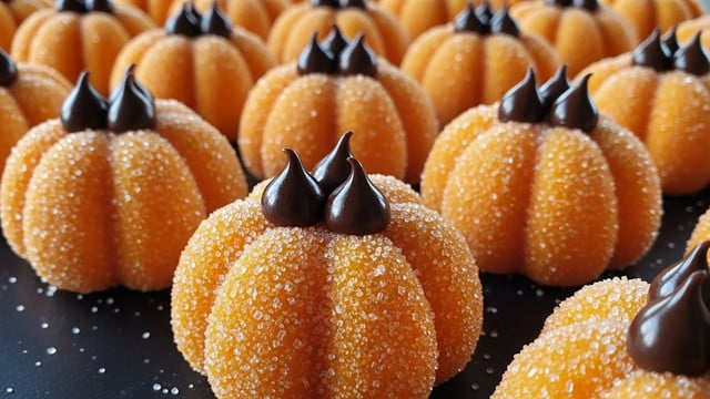 This image shows multiple small orange pumpkin-shaped sweets, each covered in shiny sugar crystals that give a sparkling texture. Each sweet has five rounded ridges creating the pumpkin shape. On top of every sweet, there are three small dark chocolate drops arranged close together, adding a smooth, glossy contrast. The sweets are placed in neat rows on a dark flat surface. The focus is on the front row with the background slightly blurred, highlighting the bright orange color and sugar crystals on the sweets. photo taken with an iphone --ar 4:5 --v 7