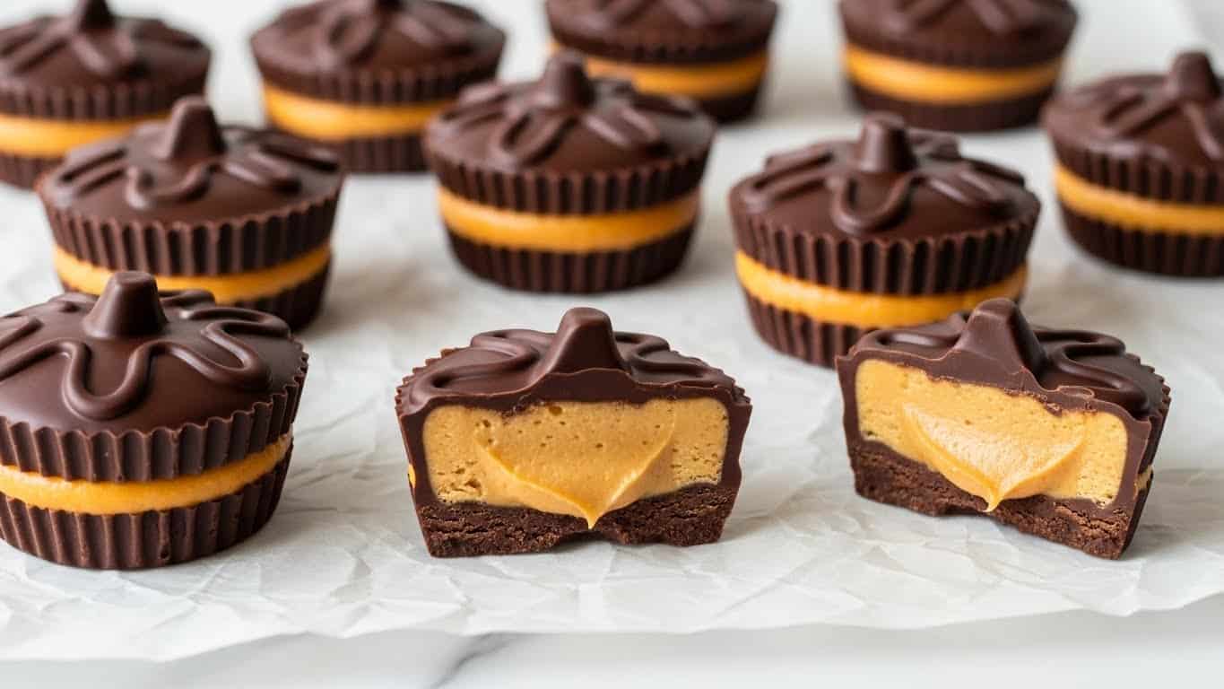 The image shows several small, round chocolates shaped like pumpkins with two visible layers. The top and bottom layers are dark brown with a smooth, slightly shiny texture and subtle grooves that create a pumpkin design. The middle layer is a thick band of orange, slightly crumbly filling that contrasts with the dark chocolate. One piece in the center is bitten, clearly showing the orange filling inside against the dark chocolate shell. These chocolates are placed on crumpled light brown parchment paper over a white marbled texture surface. Photo taken with an iphone --ar 4:5 --v 7