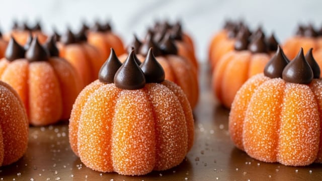 The image shows small, round pumpkin-shaped candies covered in a layer of sparkling sugar crystals, giving them a rough, sugary texture. Each candy is bright orange with vertical ridges that mimic the sections of a pumpkin, creating a slightly bumpy surface. On top of each candy, there are three dark chocolate drops arranged closely together, adding a smooth, glossy contrast to the matte sugar coating. The candies are all placed on a flat surface with a warm brown color but the background is changed to a white marbled texture. The focus is sharp on the front candies and softly blurred on those further back, creating depth in the image. photo taken with an iphone --ar 4:5 --v 7