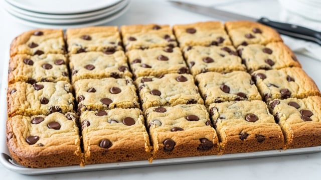 The image shows a close-up of a stack of three thick, square dessert bars on a white marbled surface. Each bar has two layers: the bottom layer is a dense, dark chocolate brown with a smooth, slightly glossy texture, while the top layer is a lighter golden brown cookie dough with scattered dark chocolate chunks that add a rough and chunky texture. The bars look soft and rich, with clear separation between the two layers, and the edges of the bars appear slightly crumbly. Photo taken with an iphone --ar 4:5 --v 7
