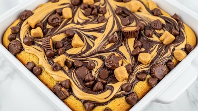 A close-up of a baked dessert in a white square dish, showing a top layer swirled with light tan peanut butter and dark chocolate, creating a marbled effect. On top, there are scattered chunks of peanut butter cups, small and large, mixed with semi-sweet chocolate chips, adding texture and depth with their glossy, smooth surfaces. The base layer beneath the swirls looks soft and slightly golden, peeking through around the edges and between the toppings. The whole dish rests on a white marbled surface, enhancing the rich colors of the dessert. Photo taken with an iphone --ar 4:5 --v 7