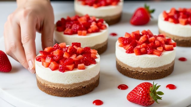 The image shows small round cheesecakes with three visible layers. The bottom layer is a brown, crumbly crust, topped by a thick, smooth white cream cheese layer. The top layer has bright red, chopped strawberry pieces spread evenly, adding a fresh look. The cheesecakes are placed on a white marble surface with a few whole strawberries around them. A woman's hand is reaching toward one cheesecake, and there are small drops of red sauce nearby. Photo taken with an iphone --ar 4:5 --v 7