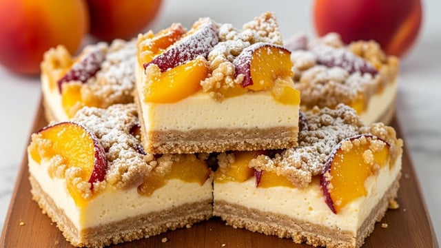 The image shows square slices of peach crumb bars stacked on each other on a wooden board. Each bar has three layers: a thin, light brown crumbly crust at the bottom, a thick creamy yellow layer in the middle, and peach slices on top, which are glazed and slightly shiny. Sprinkled over the peaches is a crumbly topping of light golden color with white powdered sugar dusted on top. In the background, whole peaches are visible, and the scene is set on a white marbled surface. photo taken with an iphone --ar 4:5 --v 7