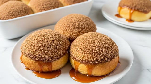 A close-up of a small baked dessert with a cracked golden-brown crust dusted with cinnamon and powdered sugar on top, revealing a gooey filling of soft, cooked apple chunks in a thick, syrupy caramel sauce oozing out from the center. The pastry sits on a white plate with a light dusting of powdered sugar nearby, placed on a white marbled surface with a softly blurred background. Photo taken with an iphone --ar 4:5 --v 7