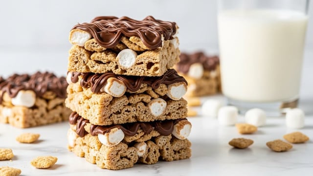 The image shows three stacked cereal bars on a white marbled background, each bar made from golden brown cereal pieces and drizzled with a thick layer of glossy milk chocolate. Small white marshmallows are scattered throughout the bars, adding a soft texture. The bars are square-shaped, with the top one in sharp focus, showing the crispy cereal and smooth chocolate swirls clearly. A glass of white milk is placed in the background to the right, slightly blurred, with extra marshmallows and some loose cereal pieces around the base of the stack. Photo taken with an iphone --ar 4:5 --v 7