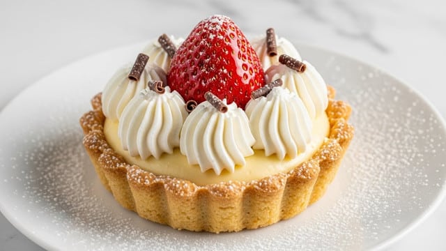 A small tart with a golden, crumbly crust forms the base layer, shaped in a scalloped edge. The middle layer is filled with smooth, pale yellow cream, topped with soft white whipped cream piped in thick swirls around the center. In the middle sits a shiny, bright red strawberry, dusted lightly with white powdered sugar. Small pieces of dark brown chocolate shavings are scattered on top of the whipped cream. The tart is placed on a white plate resting on a white marbled surface with a light dusting of powdered sugar around it. Photo taken with an iphone --ar 4:5 --v 7