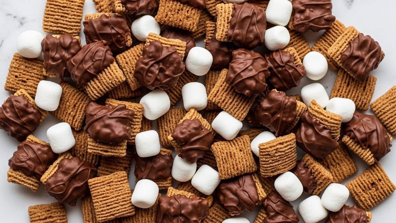 The image shows a close-up mix of crispy brown cereal squares, some with a ridged texture, coated unevenly with glossy melted chocolate, creating a rich, sticky layer that partially covers each piece. Scattered throughout are small, soft white marshmallows that add contrast with their smooth texture and bright color. The cereal pieces and marshmallows fill the frame fully, resting on a background of white marbled texture, emphasizing the details of the chocolate coating and crispy cereal shapes. photo taken with an iphone --ar 4:5 --v 7