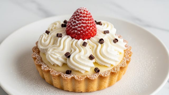 A small tart with three clear layers sits on a white plate over a white marbled surface. The bottom layer is a light golden-brown, flaky crust with ridged edges. On top of this is a smooth, creamy pale yellow custard filling, followed by a generous swirl of thick, white whipped cream arranged in soft, wavy peaks around the center. The whipped cream is sprinkled with small dark chocolate curls, and a bright red whole strawberry dusted with a fine white powdered sugar is placed neatly in the middle. The tart edges are also lightly dusted with powdered sugar for a delicate finish photo taken with an iphone --ar 4:5 --v 7