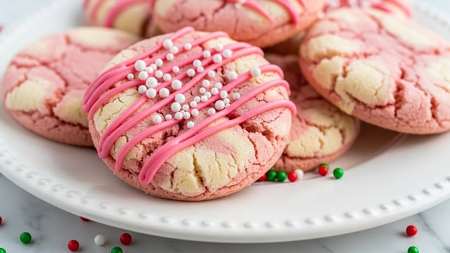 The image shows a group of seven bright pink cookies with a cracked surface texture and a light dusting of sugar on top. They are stacked overlapping each other on top of crinkled white wax paper. Around the cookies, there are several fresh strawberries, some whole and some cut in half, showing their red inside with green leaves. The scene is set on a white marbled surface, creating a clean and fresh look. photo taken with an iphone --ar 4:5 --v 7