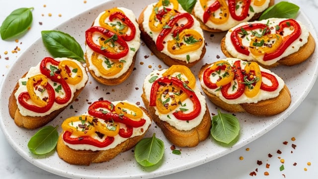 The image shows a white speckled oval plate filled with several pieces of toasted bread slices. Each piece has three distinct layers: a golden-brown toasted bread base, a thick layer of melted white cheese on top, and thin slices of red and yellow roasted bell peppers scattered over the cheese. The peppers have a slightly shiny and soft texture, and the slices are sprinkled with chopped herbs and red pepper flakes. A few fresh green basil leaves surround the plate, adding contrast to the warm colors. The plate sits on a white marbled surface with some pepper flakes sprinkled around. photo taken with an iphone --ar 4:5 --v 7