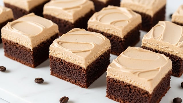 The image shows multiple square pieces of dessert arranged closely on a white marbled surface. Each piece has two layers: a dark brown, moist-looking bottom layer with a slightly rough texture and a thick, smooth, light brown frosting layer on top with subtle swirled patterns. Scattered around the dessert squares are a few small, dark coffee beans adding contrast. The overall look is neat and inviting, highlighting the creamy frosting and rich cake layers. photo taken with an iphone --ar 4:5 --v 7