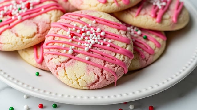 A close-up view of a group of thick, soft cookies laid on a white plate with a dotted edge. The cookies have a marbled pattern blending pale cream and pink colors with a cracked texture on the surface. One cookie prominently in the front is decorated with smooth pink icing drizzled in thin stripes and topped with small round sprinkles in white and shades of pink. More cookies with similar marbled patterns and sprinkled texture are stacked slightly behind. Tiny colorful round sprinkles in red, white, and green are scattered around the plate on a white marbled surface. photo taken with an iphone --ar 4:5 --v 7