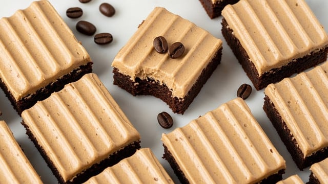 The image shows several square chocolate brownies arranged in a close group on a white marbled surface, each topped with a thick layer of smooth, light brown coffee-flavored frosting textured with soft ridges. One brownie at the top center has a small bite taken out, revealing a moist, dense, dark brown base with a slightly crumbly texture. Scattered around the brownies are shiny dark brown coffee beans, and two beans rest neatly on the frosting of the bitten brownie. Photo taken with an iphone --ar 4:5 --v 7