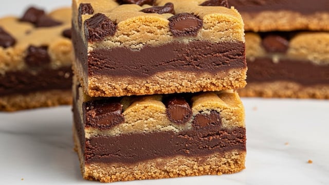 A tray filled with square-cut chocolate chip cookie bars, each piece showing a light golden-brown top with visible melted chocolate chips and a slightly textured, soft-looking surface. The bars have a uniform thickness forming a single layer, and the tray is set on a white marbled surface. In the background, there are white plates stacked neatly and a knife with a black handle resting near the edge of the tray. photo taken with an iphone --ar 4:5 --v 7