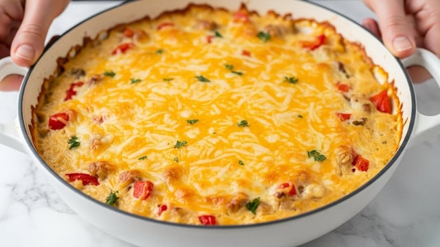 A close-up view of a square slice of lasagna on a white plate, showing multiple visible layers. The bottom layers have light yellow pasta sheets, followed by creamy white cheese sauce mixed with bits of browned ground meat, then more pasta sheets and cheese sauce, all topped with a golden-brown melted cheese layer with slight browning and garnished with chopped green herbs. The lasagna's texture appears creamy and slightly crispy on top. The background is a white marbled surface. photo taken with an iphone --ar 4:5 --v 7