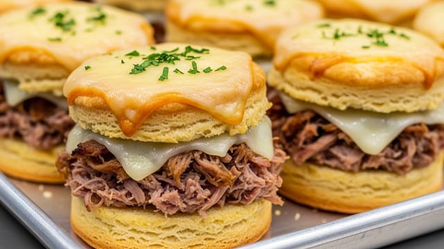 The image shows close-up of several layered sandwiches on a metal tray. Each sandwich has a golden brown top layer with melted cheese and green herbs sprinkled on it. Below the top layer, there is a layer of shredded, tender-looking meat with a mix of brown and pink colors. The bottom layer is a thick, golden biscuit with a slightly crispy texture and soft inner part. The sandwiches are arranged neatly on a light metal tray, and the focus is on the front two sandwiches, showing their detailed textures and layers. photo taken with an iphone --ar 4:5 --v 7