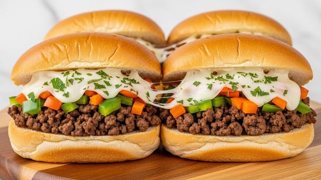 Two sandwich rolls are filled with several layers starting with cooked, browned ground beef as the base layer. Above the beef, there are diced green and orange bell peppers scattered throughout. Melted white cheese covers the top, slightly stringy and soft, with bits of chopped fresh green herbs sprinkled over for color. The sandwich rolls are golden brown and soft on the outside, with a light crust. The sandwiches are placed on a round wooden board against a white marbled background. Photo taken with an iphone --ar 4:5 --v 7