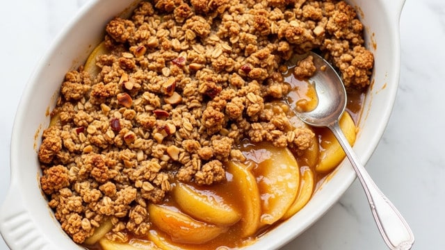 The dish is shown in a white oval baking dish filled with a warm dessert featuring two main layers. The bottom layer consists of soft, cooked apple slices covered in a thick, golden-brown syrupy sauce that looks sticky and sweet. On top is a chunky crumbly oat topping with small nut pieces, which appears golden and toasted, giving a rough texture. Some of the sauce seeps through the topping, blending the layers. A silver spoon is placed inside the dish on the right side, partially buried in the dessert. The white marbled surface beneath the dish enhances the warm tones of the dessert. photo taken with an iphone --ar 4:5 --v 7