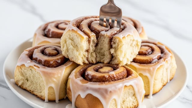A close-up image of a stack of six cinnamon rolls arranged atop each other on a white plate. The rolls are covered with a glossy white icing that drips down the sides, highlighting their soft, swirled layers of light brown dough mixed with darker cinnamon streaks. The outer edges of the rolls show a slight golden brown crispiness. A silver fork is digging into the top roll, pulling apart a piece and revealing the soft, fluffy inside texture. The white marbled surface beneath the plate softly contrasts with the warm tones of the pastries. photo taken with an iphone --ar 4:5 --v 7