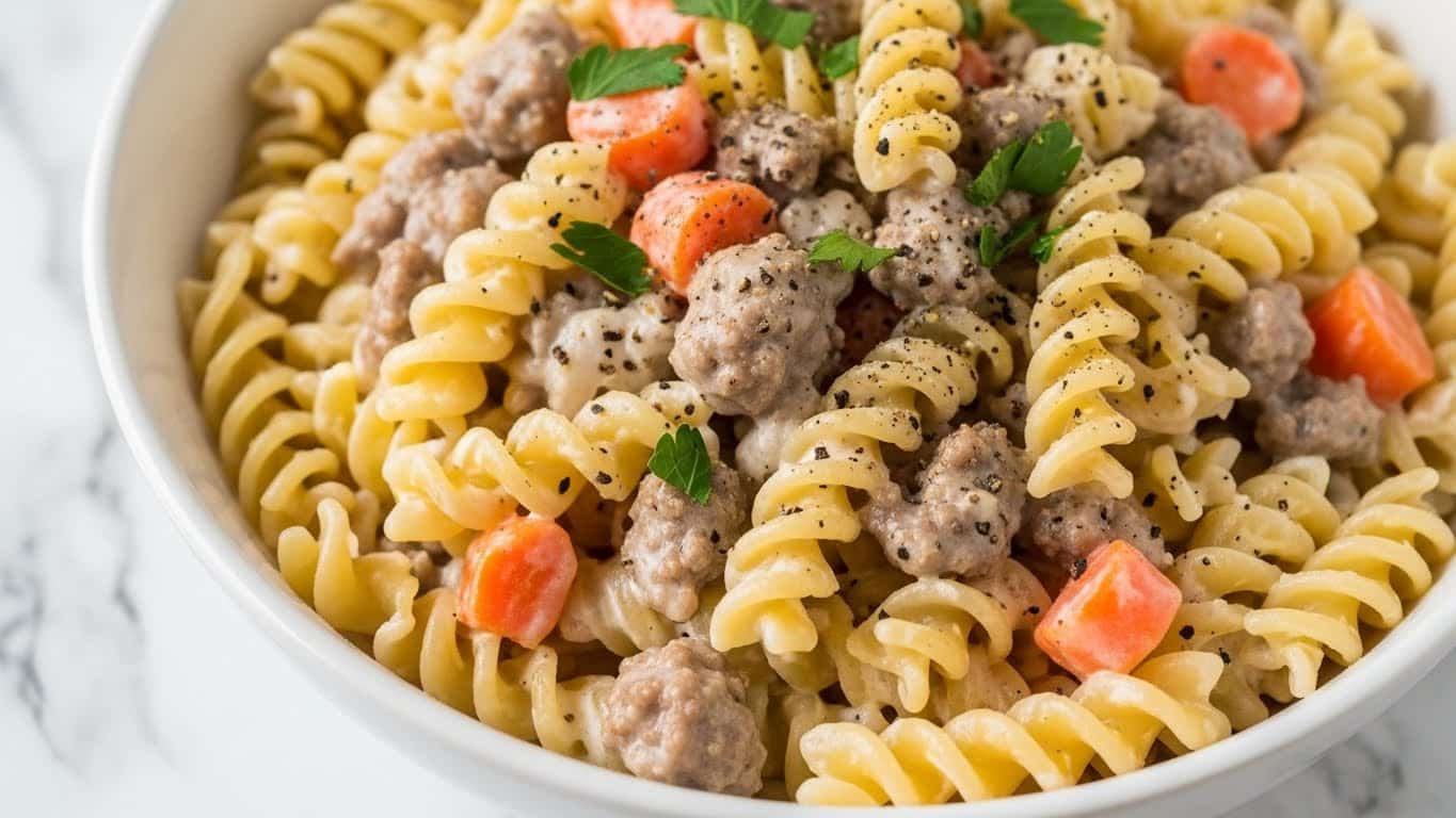 A close-up image of a bowl filled with creamy pasta consisting of spiral noodles coated in a white cheese sauce, mixed with small pieces of browned ground meat and bits of orange carrot. The surface is sprinkled with green parsley leaves and black pepper. The bowl is white with a glossy finish, resting on a white marbled texture background. The pasta looks soft and hot, with the sauce smoothly covering the ingredients. photo taken with an iphone --ar 4:5 --v 7