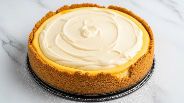 A round cheesecake with a thick golden-brown crust on the outside, topped with a smooth, creamy, pale yellow layer of filling that appears soft and slightly swirled, filling most of the inside but leaving a thin crust border visible. The cheesecake sits inside a dark metal baking pan with some light dusting of white powder around the edges. The background is a white marbled texture. photo taken with an iphone --ar 4:5 --v 7