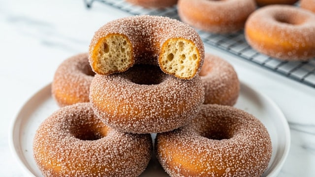 A close-up view of several cinnamon sugar donuts stacked on a round white plate on a white marbled surface; the donuts have a rough, golden-brown texture covered in a layer of coarse sugar crystals, with one donut on top partially broken to show a soft, airy inside with a light brown color, while in the background a wire cooling rack holds more donuts slightly out of focus, giving the scene a warm and cozy feel. photo taken with an iphone --ar 4:5 --v 7