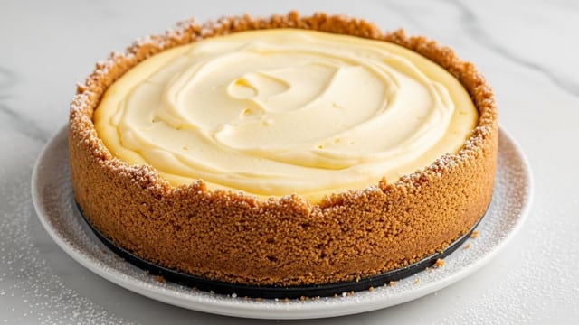 A round cheesecake with a thick, golden-brown crust forming the outer layer surrounding a smooth, creamy pale yellow filling that is slightly uneven on top with gentle swirls and soft folds. The crust appears crumbly and lightly dusted with powdered sugar, adding a delicate white sprinkle contrast. The cheesecake rests on a white plate with a dark round base and the whole setup is placed on a white marbled texture surface with a few scattered traces of powdered sugar visible around. photo taken with an iphone --ar 4:5 --v 7